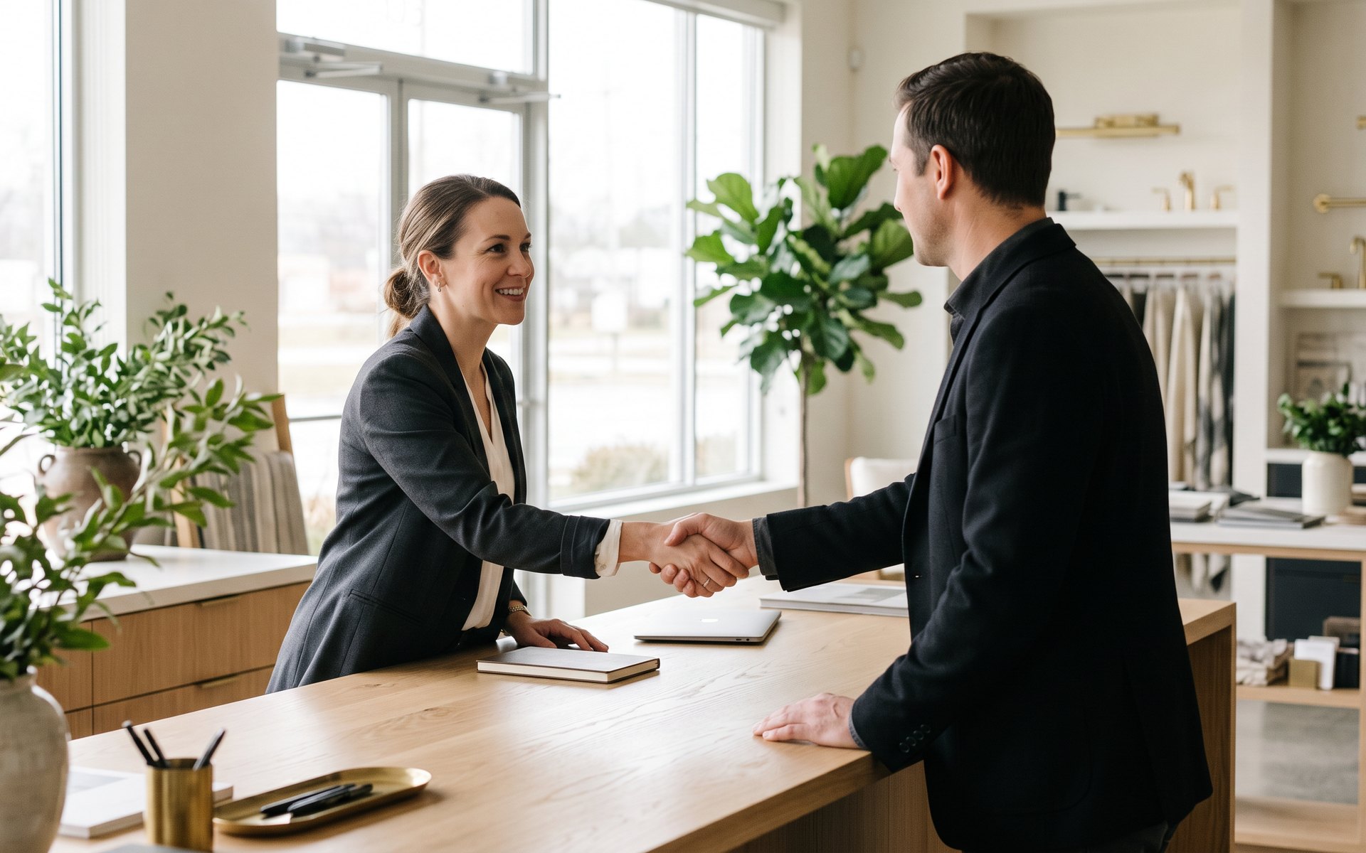 Two professionals shaking hands across a showroom counter