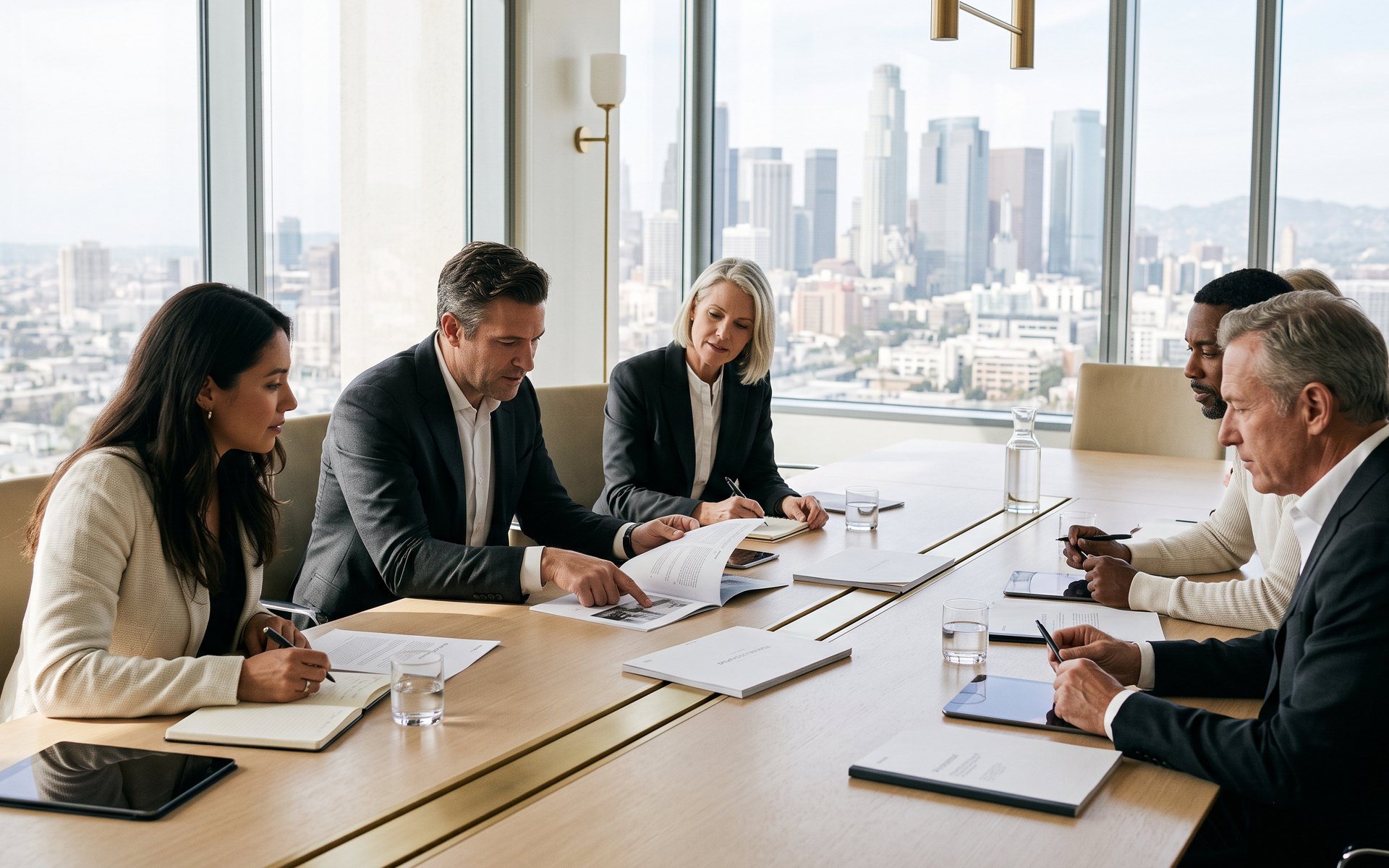 Executives reviewing proposals at an agency meeting table