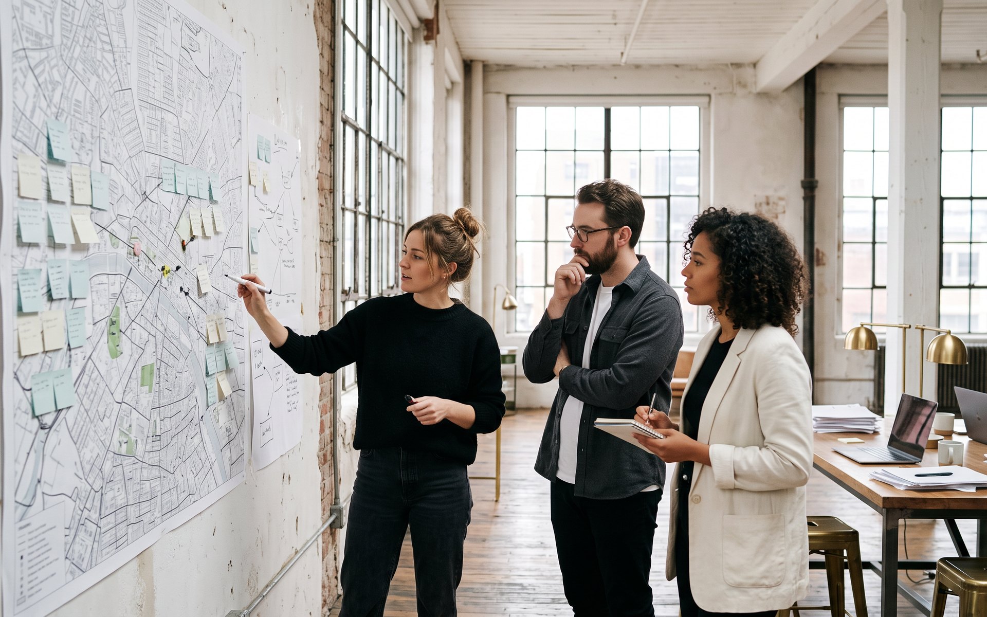 Team planning a campaign at a city-map wall with sticky notes