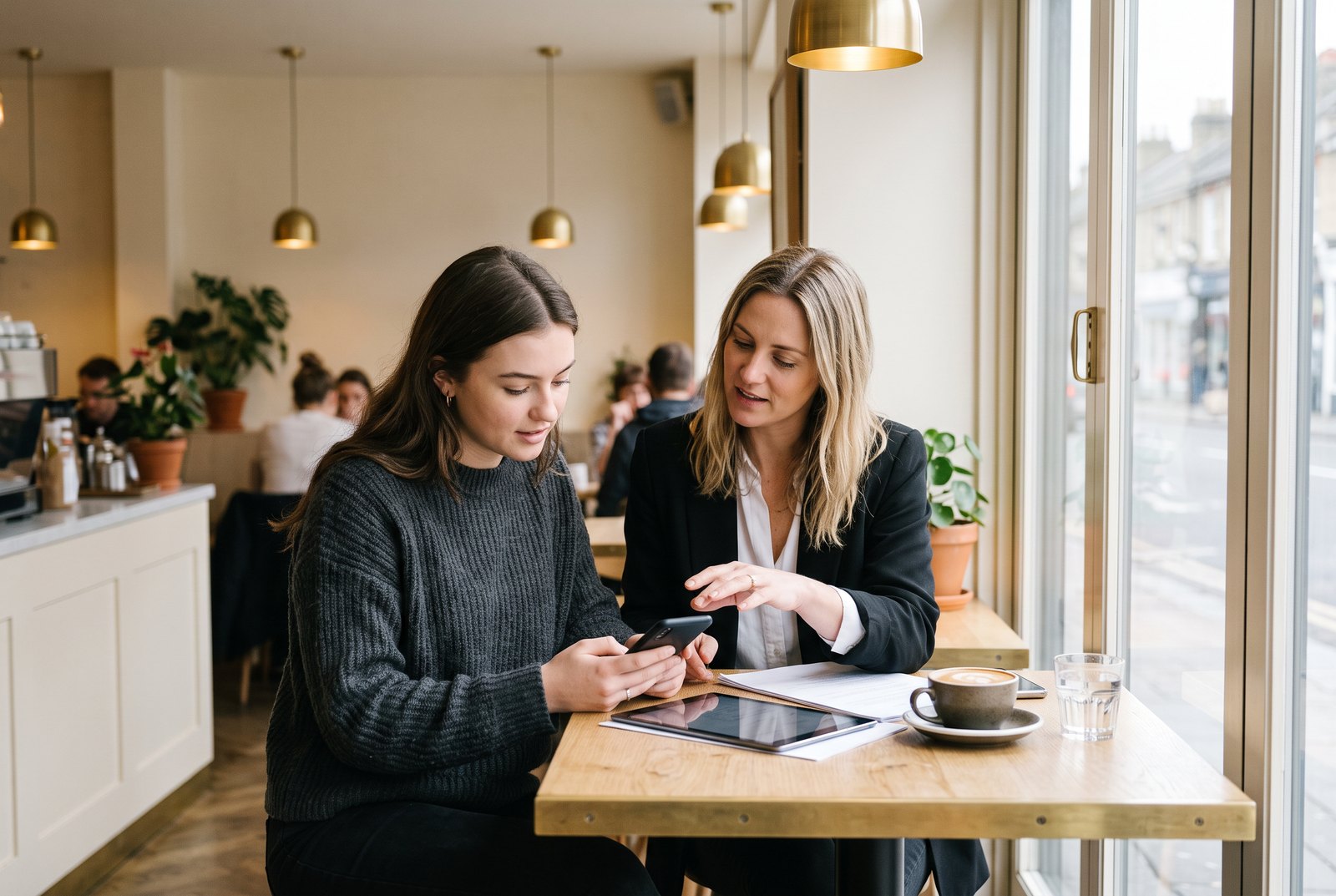 Fintech onboarding session at a cafe table with a phone and tablet