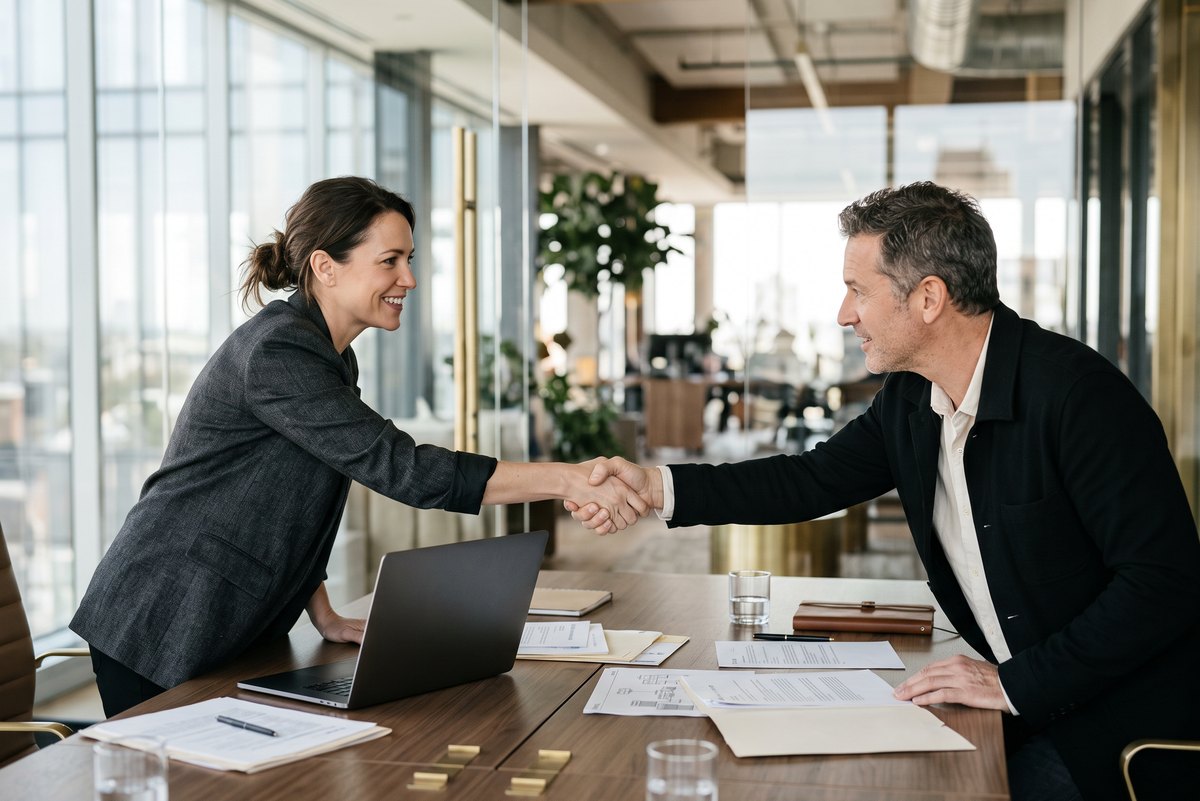 Two professionals shaking hands over a signed agreement in a bright office